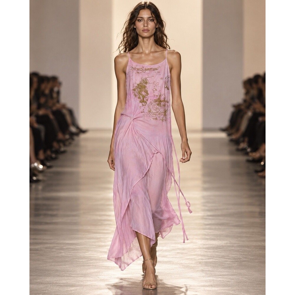 The People of the Labyrinths POTL Silk Maxi Dress M Gold Print Dutch Designer